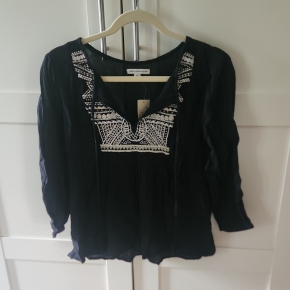 American Eagle Outfitters Tops - American Eagle Outfitters Sz Small Black Embroidered Blouse with Bib Collar NWT